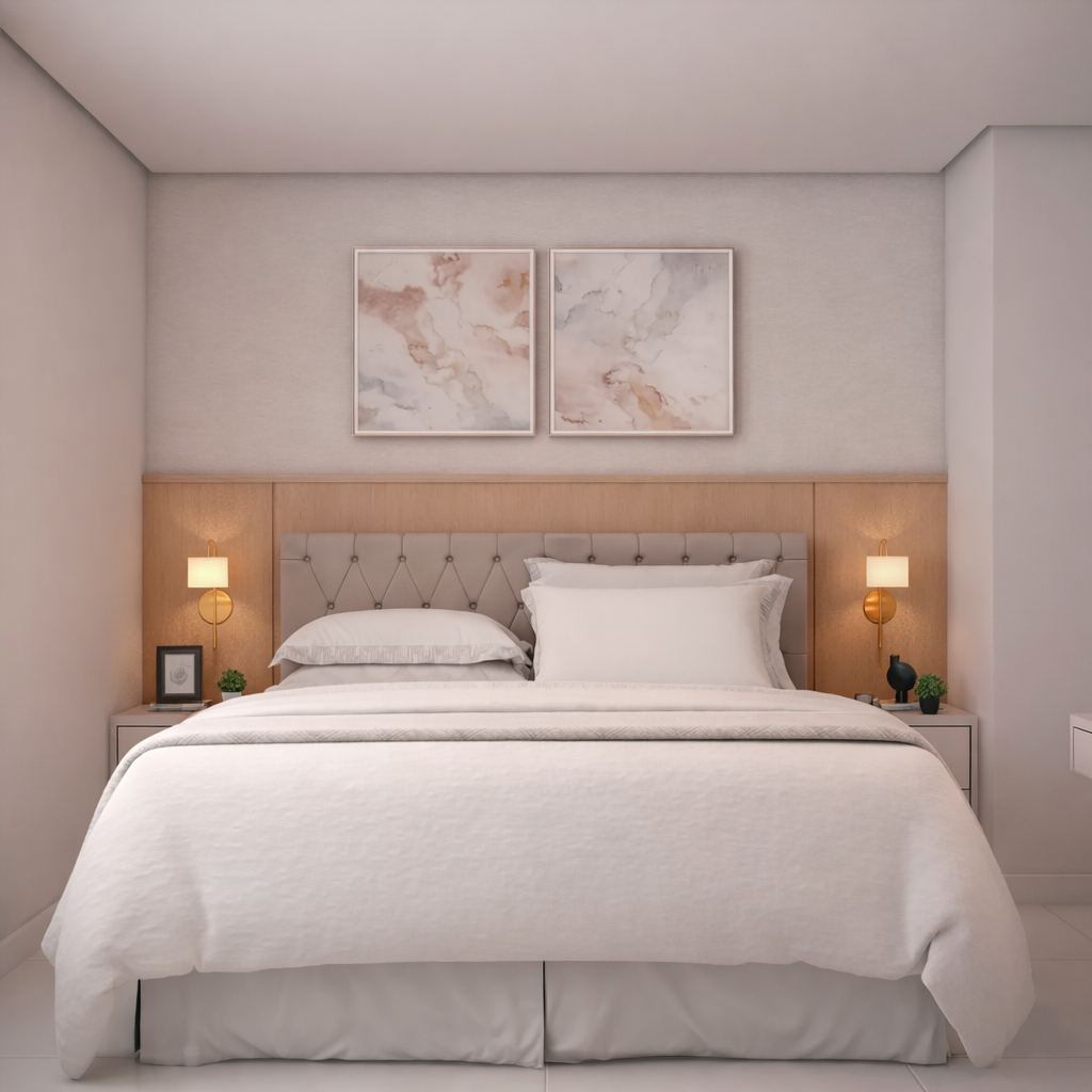 Quarto minimalista com cabeceira estofada emoldurada, criados-mudos planejados e marcenaria sofisticada.